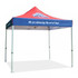 A red and blue printed marquee tent, measuring 3x3m, featuring a brand logo.