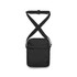 A black crossbody bag with adjustable straps, featuring a front pocket and a logo.