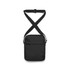 A black crossbody bag with an adjustable strap and a front pocket, featuring a logo and a simple design.
