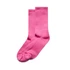 A pair of bright pink socks with a smooth finish and ribbed tops, featuring a logo.