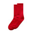 A pair of bright red socks featuring a ribbed texture. The image includes a logo on the product.