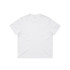 A plain white t-shirt with a relaxed fit, featuring a logo on the label.