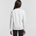 A long-sleeved white t-shirt shown from the back, featuring a simple design and a logo.