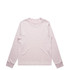 A long-sleeve t-shirt in light pink with a simple design and a branding logo.