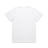 A white T-shirt featuring a standard crew neckline and short sleeves, with a logo on the back.