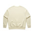 A plain cream-coloured jumper with a relaxed fit and ribbed cuffs. It has a branding logo on the back.