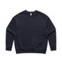 A navy blue fleece jumper with a round neckline and long sleeves. It features a blank design and has a branding logo.