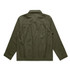 An olive green chore jacket featuring a collared neckline and back pleating. The jacket has a logo.