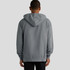 A grey hoodie with a hood, featuring a logo, viewed from the back.