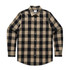 A button-up check shirt featuring a black and beige plaid pattern with long sleeves and a collar.