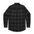 A black and grey check shirt featuring long sleeves and a button-up design, with a rear yoke detail and a logo.