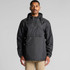 A man wearing a black windbreaker jacket featuring a hood and front pocket. The jacket has a logo on it.