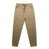A pair of beige track pants with an elastic waistband and cuffs, featuring a drawstring and a logo.