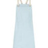 A light blue bib apron with adjustable straps and metallic details, featuring a logo. A light blue bib apron with adjustable straps and metallic details, featuring a logo.