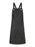 A black bib apron with adjustable straps and a front pocket, featuring metal buttons. A black bib apron with adjustable straps and a front pocket, featuring metal buttons.