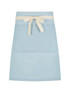 A light blue waist apron with a cream tie and a front pocket. It features a logo on the fabric.