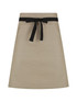 A beige waist apron with a black tie at the waist, featuring two front pockets and a simple design.