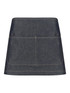 A dark denim short waist apron featuring a front pocket and contrasting stitching. Includes a logo.