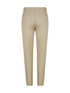 A pair of women's chino pants in a beige colour, featuring a sleek design and a logo on the waistband.