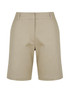 A pair of khaki chino shorts featuring a clean design and front pockets, with a branding logo present.