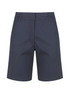 A navy pair of ladies chino shorts with a sleek design and front pockets, featuring a logo.