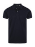 Navy blue men's polo shirt with a classic collar and short sleeves, featuring a logo.