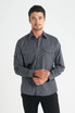 A grey long sleeve button-up shirt for men, featuring two chest pockets and a logo.