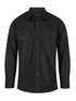 A black long sleeve button-up shirt with two chest pockets and a logo on the chest.