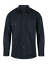 A dark green long sleeve button-up shirt with two chest pockets and a logo.