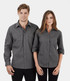 Men's and women's long sleeve button-up shirts in grey with double chest pockets and a logo.