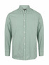 A green and white checked long sleeve button-up shirt with a collar and a branding logo.