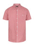 A short sleeve button-up shirt featuring a red and white checkered pattern and a small logo on the chest.