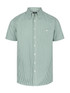 A green and white checked men's short sleeve button-up shirt featuring a logo on the chest.