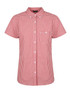 A red and white checkered ladies short sleeve button-up shirt with a pocket and logo.