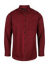 A red and black checkered long sleeve button-up shirt featuring a collar and a logo.