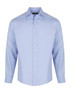 A light blue men's long sleeve button-up shirt with a collar and a logo on the label.