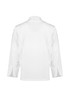 A white long sleeve chef jacket featuring a high collar and side slits, with a logo on the back.