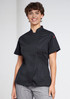 A black short sleeve chef jacket for women, featuring a sleek design and a branding logo on the sleeve.