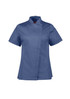 A short sleeve chef jacket in navy blue with a fitted design and a logo on the side.
