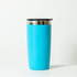 A drink bottle in a vibrant turquoise colour with a stainless steel rim and a black lid. It features a logo.
