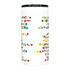 A drink bottle featuring a white body decorated with colourful polka dots and a black lid. It has a logo.