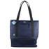 A navy blue cooler bag with black straps and a front pocket. It features a logo and a tag attached.