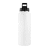 A drink bottle in white with a black lid, featuring a logo on the side. Ideal for hydration on the go.