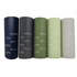 A drink bottle collection featuring navy, dark grey, olive green, light green, and grey colours, each with a logo.