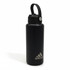 A drink bottle in matte black with a carry handle and a logo on the front.