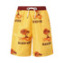 Men's polyester board shorts in yellow with a tropical print featuring palm trees, sunsets, and a logo.