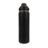 A drink bottle made of stainless steel, featuring a matte black finish and a screw-on lid with a logo.