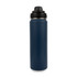 A drink bottle in dark navy blue stainless steel with a black lid and a logo on the side.
