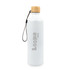 A drink bottle in white with a bamboo lid and a logo. Features a strap for easy carrying.