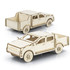 A wooden model of a UTE in a natural finish, featuring detailed cutouts and an assembled design.